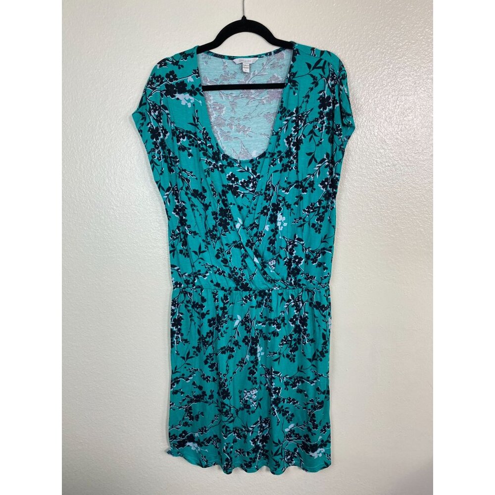 Garnet Hill Womens Teal Floral Dress size Large stretch Knee Length Cap sleeve